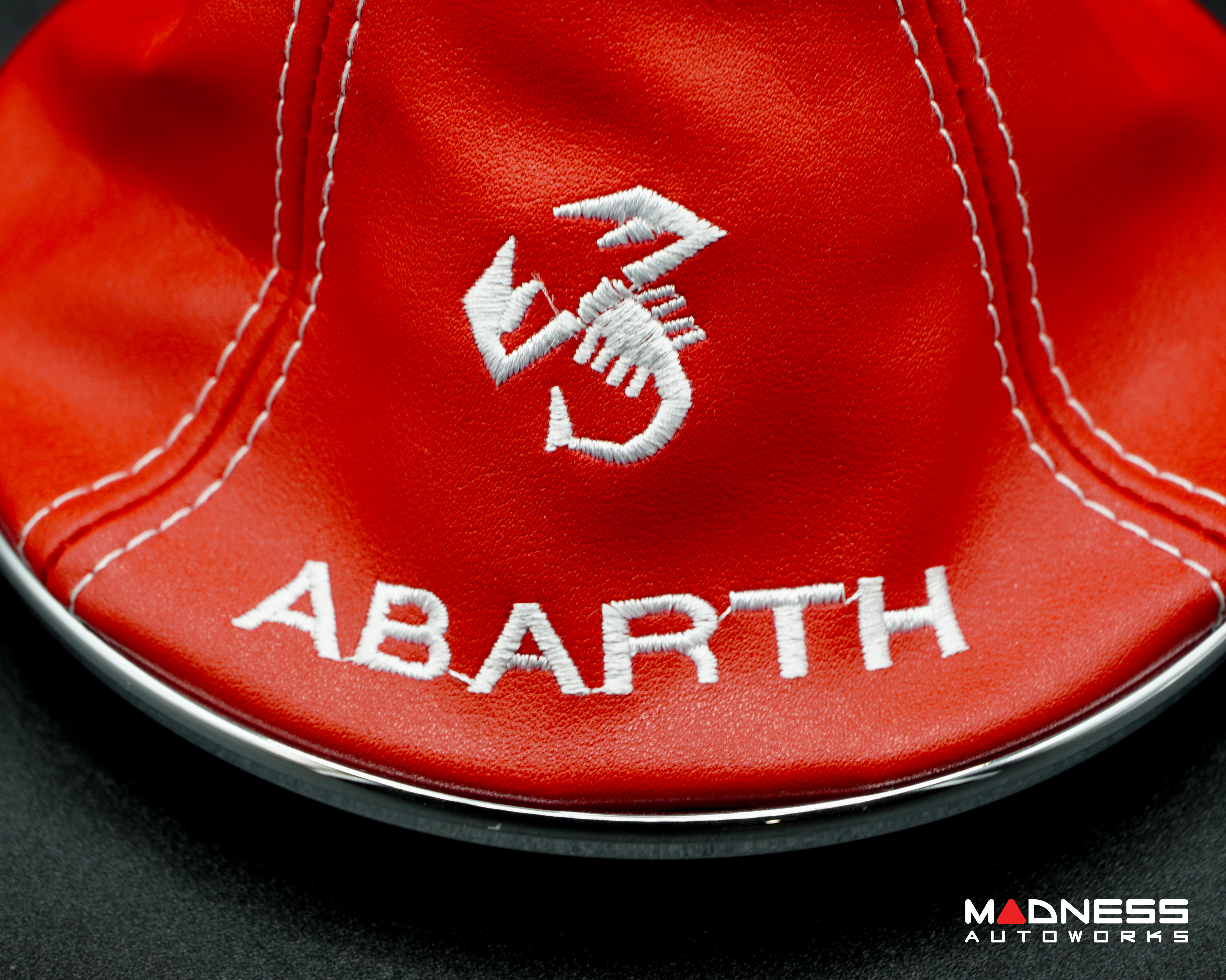 FIAT 500 Gear Shift Boot + Retaining Ring Set- Red EcoLeather w/ White Stitching + ABARTH/ Scorpion Logos
